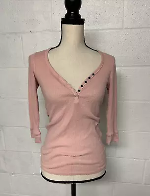 Moda International Y2K Pink Waffle Knit Henley Shirt 3/4 Sleeve S • $35