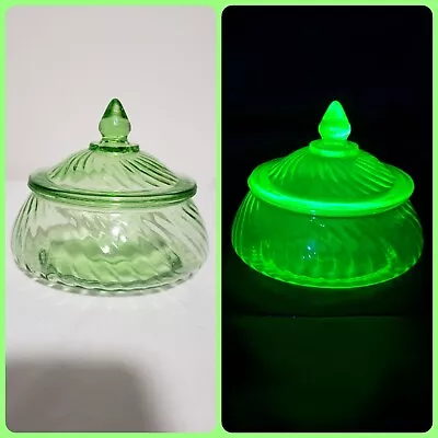Vintage Spiral Optic Green Uranium Glass Lidded Dish • $40