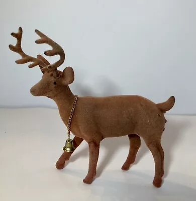 Christmas Flocked Reindeer Vintage Hard Plastic Buck With Bell 7” Fuzzy Deer • $17.49