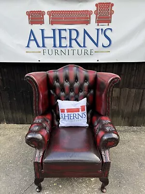 *Antique Oxblood Leather Chesterfield Queen Anne Chair 1 Of 2 FREE DELIVERY 🚚* • £450