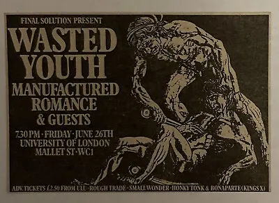 Wasted Youth Vintage Music Press Gig Ad Manufactured Romance 80s Post Punk • £4.99