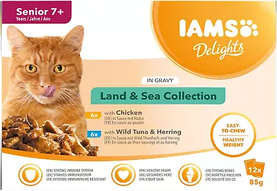 IAMS Delights Complete Wet Cat Food For Senior 7+ Cats Meat And Fish Variety In • £13