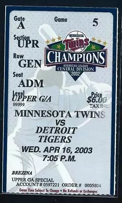 MLB Ticket Stub 4/30/03 2003 Twins Vs Devil Rays Hunter Crawford Baldelli HR#1 • $10.20