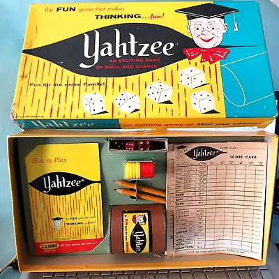 Vintage Yahtzee 1956 1961 Lowe Game Complete W/Original Box Pencils Cup Pads + • $21.59