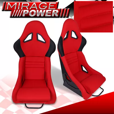 Pair Of Red / Black Fiberglass JDM Racing Bucket Cloth Seats W/ Slider Universal • $287.99