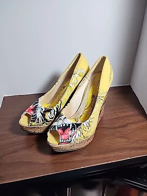 Ed Hardy Women's Tiger Peep Toe Cork Wedge Shoes Size 8 • $5