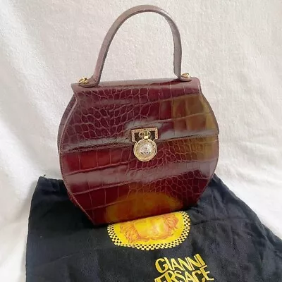 Authentic Gianni Versace Handbag Medusa Croco Embossed Leather Brown Women • $360