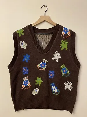 Cider Michael Cera Teddy Bear Print V-Neck Sweater Vest Pullover Brown 100% Wool • $20
