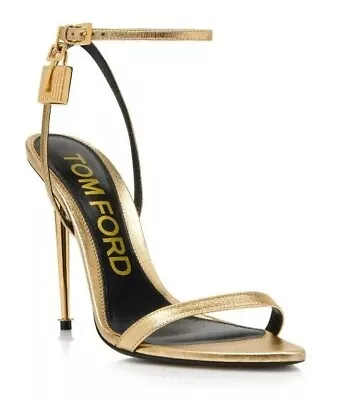 ❤️TOM FORD Leather Padlock Pointy Naked Sandal Gold Stiletto Heel US 6.5/ EU36.5 • £760.09