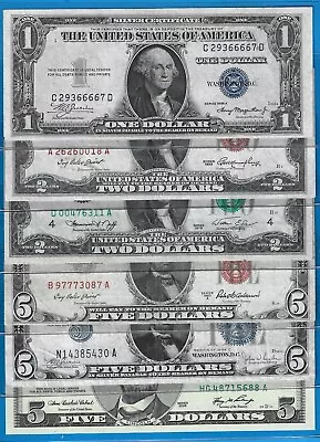 1935-2006 $1$2$5 SC/USN/FRN 6) NotesRed/Blue/Green SealsCirc VF-UNCNice! • $21