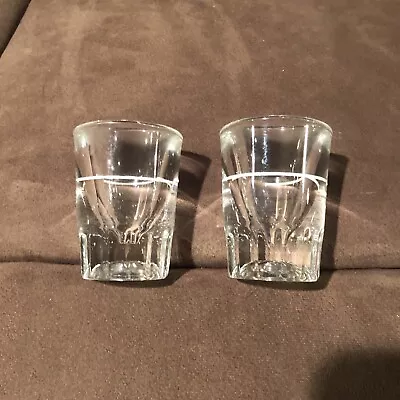 2 Vintage Heavy Shot Glasses Weighs 8 Oz Each.  White Line W Bottom Edging • $15