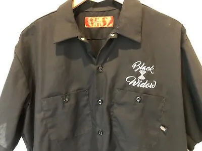 Black Widow Large Dickies Mechanic Motorhead Work Black Button Up Shirt RARE VTG • $41.26