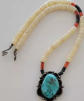 Vintage Old Pawn NAVAJO 16  Choker White Shell Sterling & Turquoise Necklace • $2.25