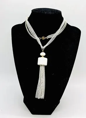 Long MONET White Enameled Pendant & Tassel Necklace Signed Vintage Jewelry • $24.50