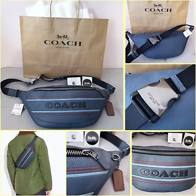 NWT COACH Men's Leather Warren Belt Bag With Stripe - Gunmetal / Denim New $378 • $130