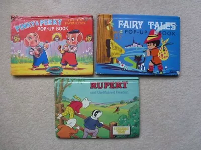 £6.50 • Buy Three Pop-up Books - Rupert & The Ruined Garden, Pinky And Perky And Fairy Tales