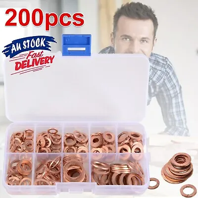 200x Solid Copper Washers Sump Plug Seal Ring Set Assorted Kit With Box 9 Sizes • $19.99