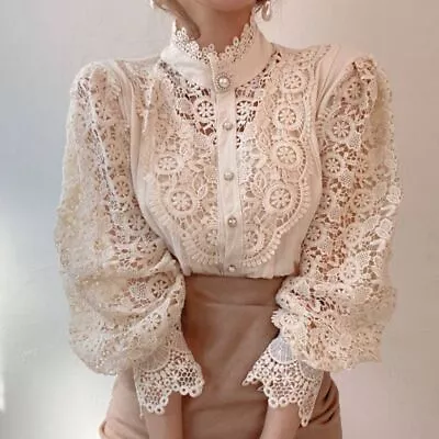 Stand Collar Chic Button Vintage Shirt Long Puff Sleeve Clothes  Women • $27.48