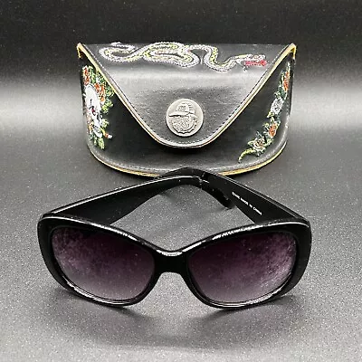 Ed Hardy EHS-005 Case W/ Damaged Sunglasses 8240E Used Tattoo Snake Rose Skull • $50