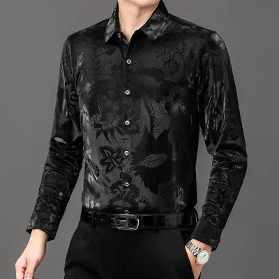 Men Pleuche Velvet Tops Blouse Long Sleeve Shirts Printed Floral Casual Formal • $26.54