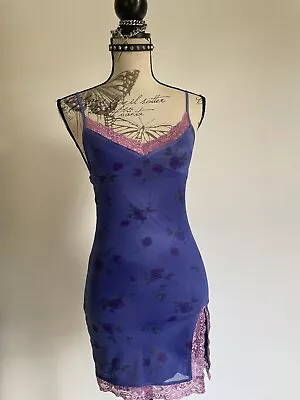 Y2k 2000s Blue Purple Floral Print Mesh Pink Lace Bodycon Mini Dress XS Goth • $25