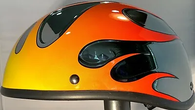 Voss Black Chrome With Orange & Yellow Flame Beanie Novelty Motorcycle Helmet • $39.99