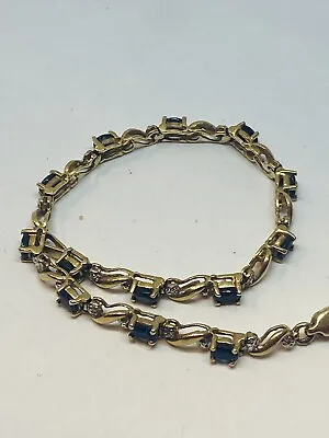 $300 • Buy 10k Yellow Gold Blue Sapphire & Diamond Tennis Bracelet 6.11 Grams Gr 6.5” Long