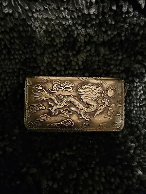 Mens Black & Silver Leather Dragon Embossed Wallet W/wrist Strap NWOT  • $40