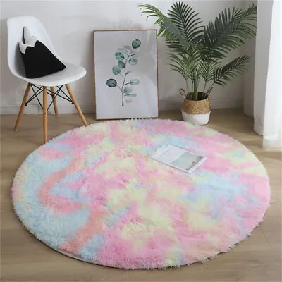 Rainbow Fluffy Round Rug Carpets Living Room Decor Shaggy Rug Modern Mats • £8.49