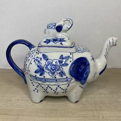 Vintage Blue And White Elephant Teapot Handcrafted In Thailand Baby On Lid • $28