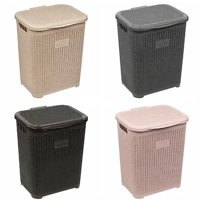 Laundry Washing Basket 45L Hamper Storage Linen Clothes Lid Weave Style Plastic • £16.95