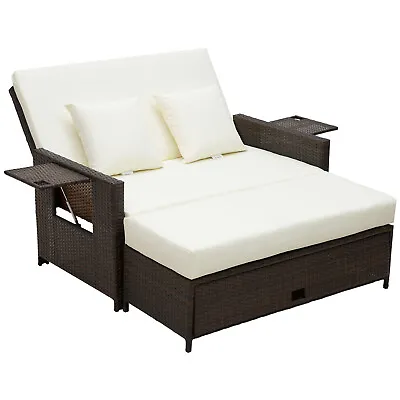 2 Seat Garden Rattan Sofa Sun Lounger Daybed Footstool Cushion Brown Black Grey • £386.95