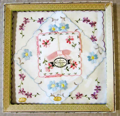 Three Vintage Embroidered Handkerchiefs From Switzerland - Original Gift Box   • $12.50