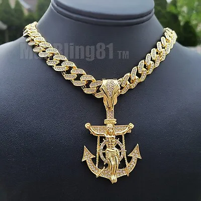 Gold Jesus Anchor Pendant & 16  18  20  24  Iced Cuban Box Lock Chain Necklace • $40.99