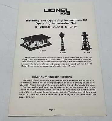 Lionel Installing & Operating Instructions For Operating Accessories #6-2133 Etc • $11.99