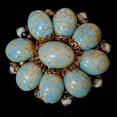 Vintage Czech Blue Art Glass Faux Turquoise Brooch 1960s • $20