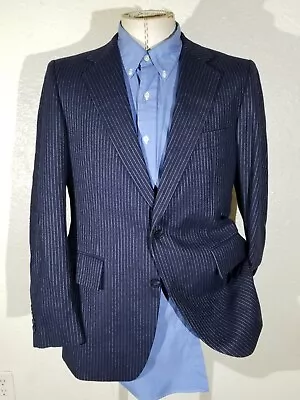 40R Bespoke Half-canvas Striped Blue Flannel Wool Tweed Coat Blazer Jacket EUC • $89.96