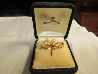 Vintage Mikimoto 3 Pearls 14K Yel. Gold Bow Pin With Box Dainty Sweet • $295