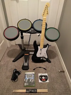 $229.99 • Buy Xbox 360 Rock Band BUNDLE Tested Wired Drums Mic RARE WIRELESS Guitar
