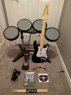 $229.99 • Buy Xbox 360 Rock Band BUNDLE Tested Wired Drums Mic RARE WIRELESS Guitar