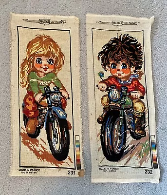 MARGOT Di Paris Needlepoint Tapestry Canvas Boy And Girl Riding Bikes Set Of 2 • $99.99