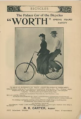 1892 Worth Bicycle Vintage Ad Spring Frame R K Carter San Francisco CA Bikes • $14