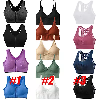 Women Sports Bra Padded Front Zip Mesh Seamless Yoga Cami Push Up Support Tops • £3.72