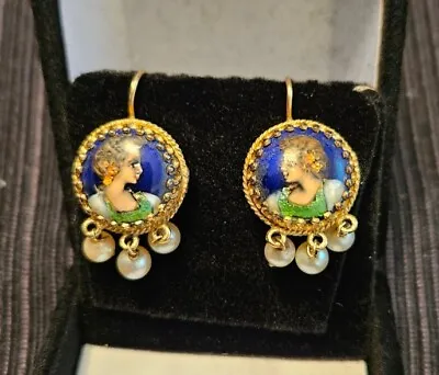 Vintage 14k Gold France French Enamel Portrait Earrings • $279.99