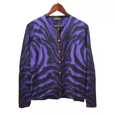 VERSACE | Purple Italian Wool Animal Print Cardigan In Size Medium • $165