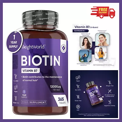 Biotin 12000mcg 365 Tablets For Hair Growth Anti Ageing Skin And Nail Health • £12.50