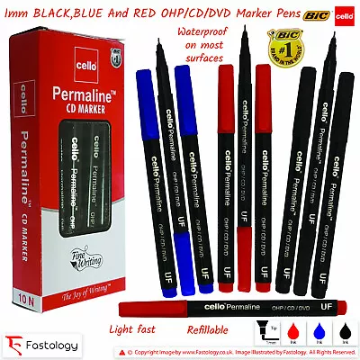 BIC CELLO Permaline Ultra Fine CD DVD OHP BLACK BLUE RED Waterproof Marker Pens • £7.49