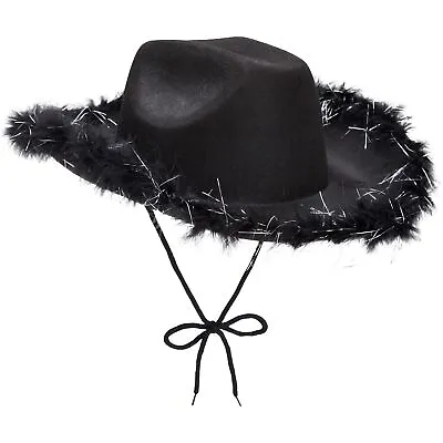 Cowboy Hats For Women And Men - Fluffy Sparkly Black Cowgirl Hat With Feathers • $16.99