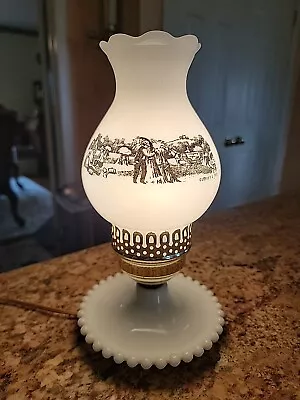 Beautiful Vintage Currier And Ives Lamp Milk Glass Hurricane Electric 11  X 6  • $45