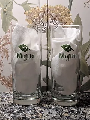 MOJITO Pair (TWO) Mint Leaf Tall Slim 8 Oz Cocktail Glasses Barware Heavy Duty • $10